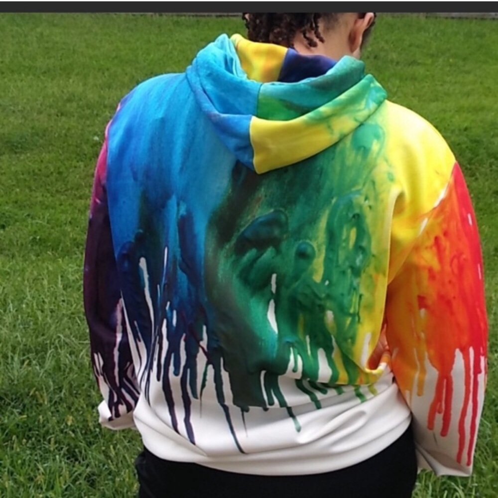 RAINBOW Paint Drip Colorful Kangaroo Pocket Hoodie Sweatshirt Sz M